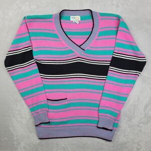 Vintage IZOD Club Sweater Womens Small Pink Green Black Striped Pullover USA 80s